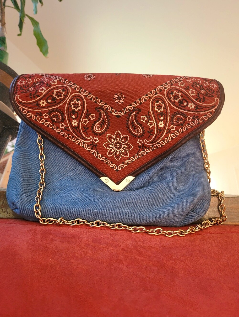 Faux Denim Bandana Blue & Brown Paisley Shoulder Bag Gold Chain Strap 11.5x9.5"